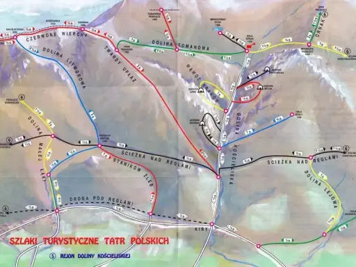 Mapa turystyczna Tatr z zaznaczonym szlakiem przez Dolinę Kościeliską.