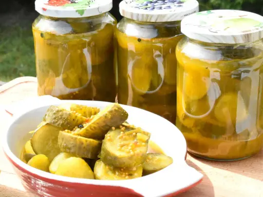 Słoiki z ogórkami z curry i miseczka z pokrojonymi ogórkami. Idealne na letnie przetwory.