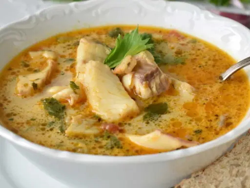 Deliciosa sopa de pescado para niños, con trozos de pescado blanco y un caldo cremoso y aromático. Perfecta para una comida nutritiva.