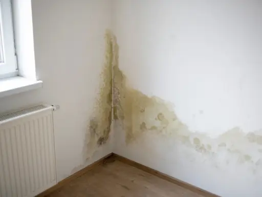 Manchas de moho y humedad en la esquina de una habitación, junto a una ventana y un radiador. Es hora de arreglar humedades.