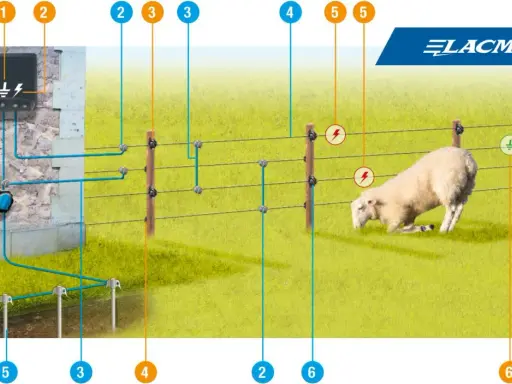 Schéma de branchement d'une clôture électrique : le boîtier, les fils, les piquets et la mise à la terre pour un mouton en sécurité.