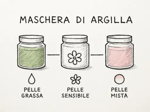 Maschera di argilla bianca: verde per pelle grassa, con fiore per pelle sensibile, rosa per pelle mista.