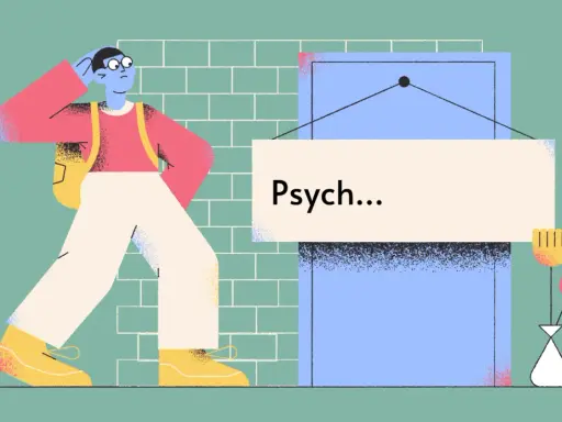 Zastanawiasz się, czy wybrać psychologa, czy psychiatrę? Postać z plecakiem waha się przed drzwiami z napisem "Psych...".