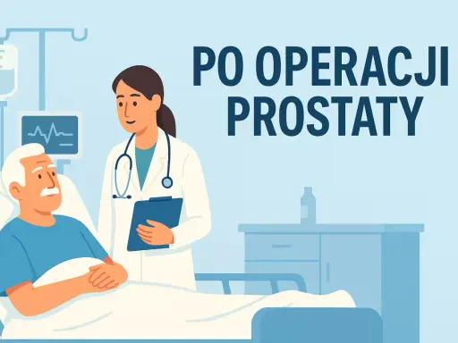 Lekarka rozmawia z pacjentem po laparoskopowym usunięciu prostaty. W tle kroplówka i monitor.