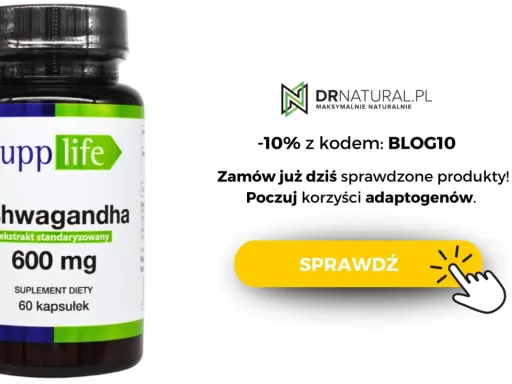 Butelka suplementu diety Supp Life Ashwagandha 600 mg z napisem "Sprawdź".