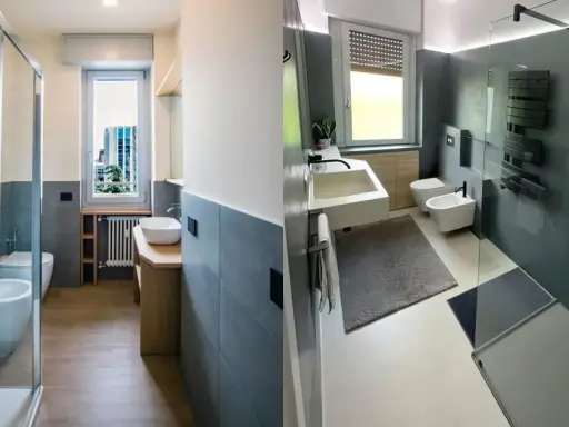 Bagno rettangolare con finestra in fondo, doccia in vetro, lavabo e bidet.