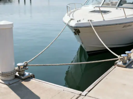 Bateau blanc amarré à un quai avec des cordages et des taquets.