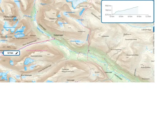 Karta över Abisko med markerad rutt för en dagstur på 8,7 km. Vackra fjäll och glaciärer syns.