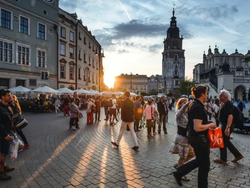 Tłum ludzi spaceruje po Rynku Głównym w Krakowie o zachodzie słońca. Widać Sukiennice i wieżę Ratuszową. Czy jest krakow safe? Tak, to tętniące życiem, bezpieczne miasto.