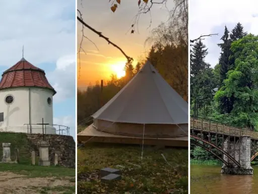 Romantyczne miejsca Dolny Śląsk: kaplica na wzgórzu, namiot glampingowy o zachodzie słońca, zabytkowy most nad rzeką.