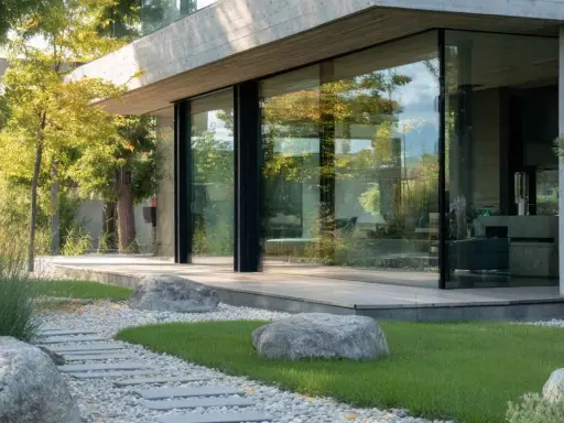 Una moderna casa con una **ventana panorámica** que refleja el verde jardín y los árboles.