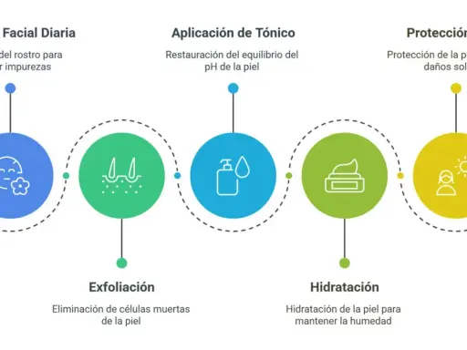 Rutina de tratamiento facial: limpieza, exfoliación, tónico, hidratación y protección solar para una piel radiante.