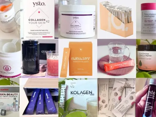 Różnorodne produkty z hydrolizowanym kolagenem: proszki, saszetki, shoty. Dla urody, skóry, włosów i paznokci.