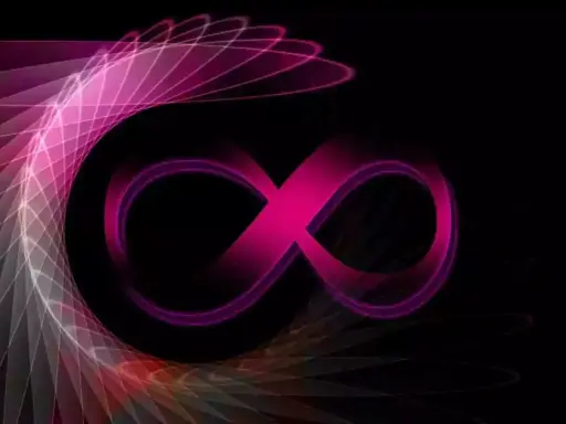 Un chiffre 8 rose vif, stylisé comme un ruban, se détache sur un fond noir, entouré d'un motif lumineux en spirale.