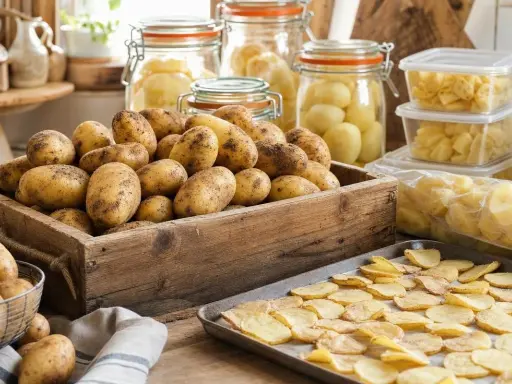 Des pommes de terre fraîches dans une caisse en bois, des bocaux et des contenants remplis de pommes de terre préparées. Voici comment conserver les pommes de terre pour en profiter plus tard.