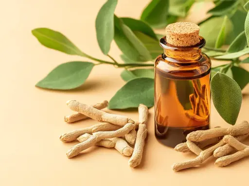 Flacon d'huile ambrée à côté de racines séchées d'ashwagandha, évoquant ses bienfaits naturels pour le bien-être.