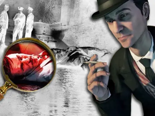 Sherlock Holmes gra. Detektyw z papierosem w dłoni analizuje dowody z miejsca zbrodni pod lupą.