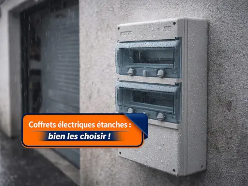 Coffret électrique étanche, norme IP 65, résistant à la pluie sur un mur extérieur.