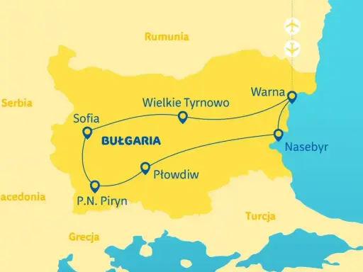 Mapa turystyczna Bułgarii z zaznaczoną trasą przez Sofię, Płowdiw, Wielkie Tyrnowo, Warnę i Nesebyr. Widoczne wybrzeże Bułgarii.