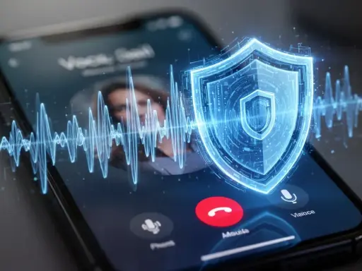 Ein Smartphone zeigt einen Anruf mit einem digitalen Schild, das Sicherheit symbolisiert. Wellenformen deuten auf Stimmen hin, was die Gefahr von Vishing verdeutlicht.