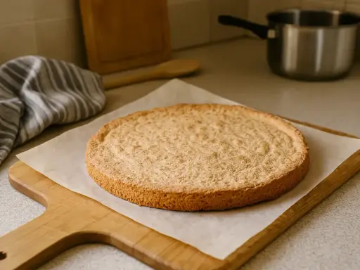 Une dacquoise amande dorée, prête pour une délicieuse recette. Sur une planche en bois, avec une serviette à rayures et une casserole en arrière-plan.