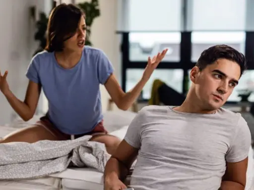 Pareja discutiendo en la cama. Ella gesticula enfadada, él la ignora, posible indicio de trastorno narcisista de la personalidad dsm v.