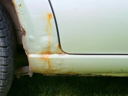 Rdza na progu samochodu i pęcherze pod lakierem. Aby zapobiec korozji, należy regularnie konserwować auto.