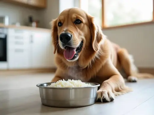 Złoty retriever leży obok miski z ryżem, zastanawiając się, czy pies może jeść ryż.