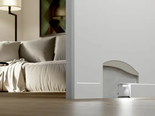Dettaglio tecnico di un battiscopa filo muro con illuminazione integrata. Analisi pro e contro per un design moderno.