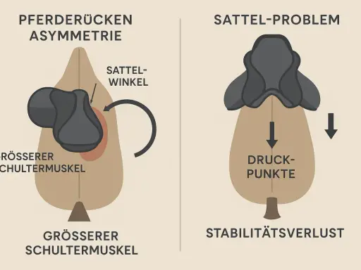 Pferderücken-Asymmetrie mit Sattelzwang: Ungleichmäßige Schultermuskeln und Sattelwinkel führen zu Druckpunkten und Instabilität.