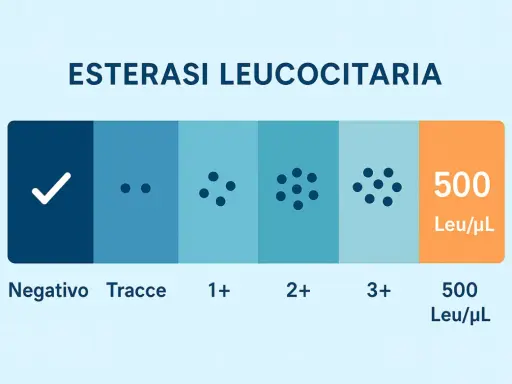 Livelli di esterasi leucocitaria: da negativo a 3+, con 500 Leu/µL. Un valore alto potrebbe indicare un tumore.