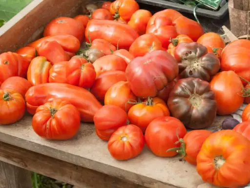 Un assortiment de tomates, certaines de forme allongée, d'autres rondes et côtelées, dont une variété de tomate qui résiste au mildiou.
