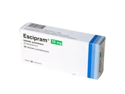 Opakowanie leku Escipram 10 mg, zawierające 30 tabletek powlekanych. Stosowany tamispras na co? Na depresję i zaburzenia lękowe.