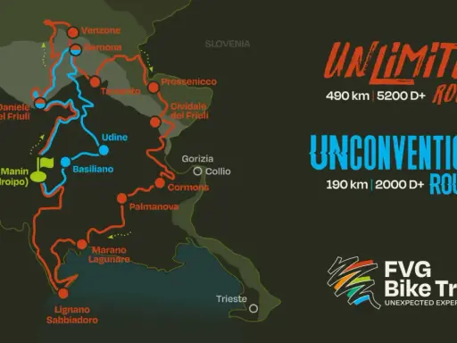Mappa del FVG Bike Trail con due percorsi: Unlimited (490 km) e Unconventional (190 km).