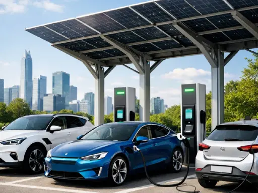 Stazione di ricarica per auto elettriche in Italia, con pannelli solari e auto moderne in carica.