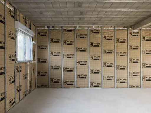 Le chantier progresse, on commence à isoler un mur avec des panneaux Isover. Une fenêtre est visible sur la gauche.
