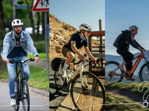 Drei Radfahrer auf unterschiedlichen Fahrrädern: ein Mann auf einem Pendler-Bike in der Stadt, eine Frau auf einem Rennrad auf einem Radweg und eine Frau auf einem E-Bike in bergiger Landschaft.