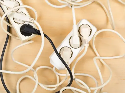 Chaotische Kabel und Steckdosen auf Holz. Hier sind einige kabel verstecken ideen, um Ordnung zu schaffen.