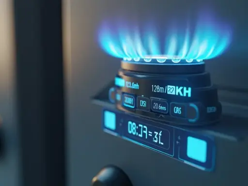 Cyfrowy panel kuchenki gazowej pokazuje zużycie energii w watach na kilowatogodziny, z płomieniem palnika w tle.