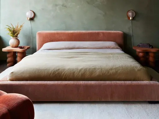 Cama king size tapizada en terciopelo rosa, con mesitas de noche de madera y lámparas de pared.