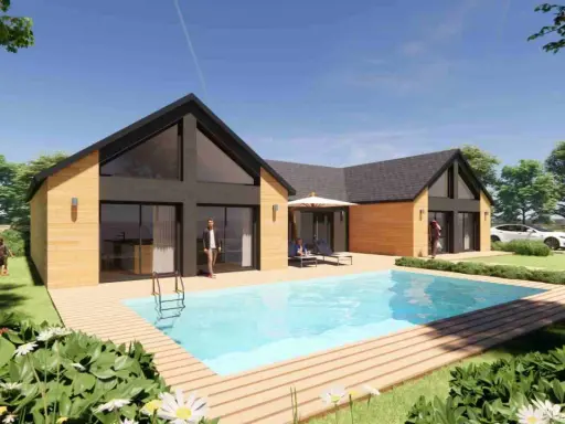 Maison moderne avec piscine et jardin, un exemple d'habitat bioclimatique.