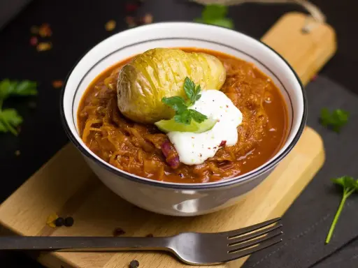 Un plat réconfortant de cuisine des terroirs aujourd'hui : choucroute garnie avec une pomme de terre Hasselback et une touche de crème.
