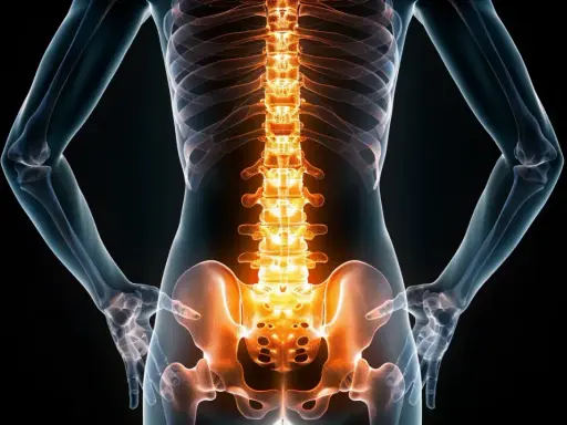 Anatomia kręgosłupa z podświetlonym odcinkiem lędźwiowym, sugerującym wzmocnienie mięśni kręgosłupa lędźwiowego.