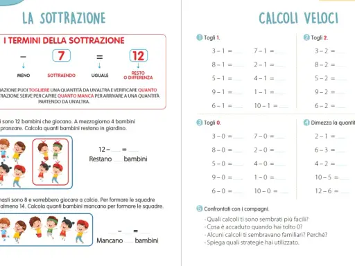 Pagina di esercizi sulle addizioni e sottrazioni in colonna, con esempi visivi e problemi da risolvere.