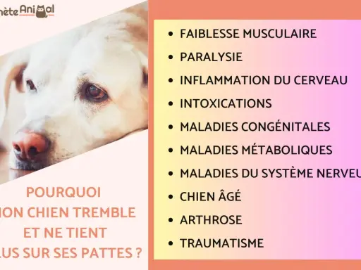Mon chien de 14 ans ne tient plus sur ses pattes. Causes possibles : faiblesse musculaire, arthrose, ou autre maladie.