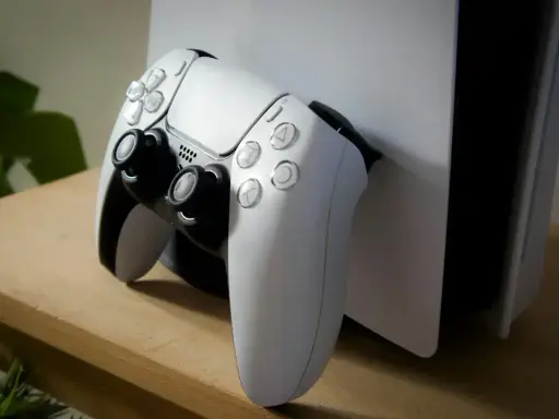 Biały kontroler DualSense i konsola PlayStation 5, symbolizujące ekscytację, kiedy wyszło PS5.