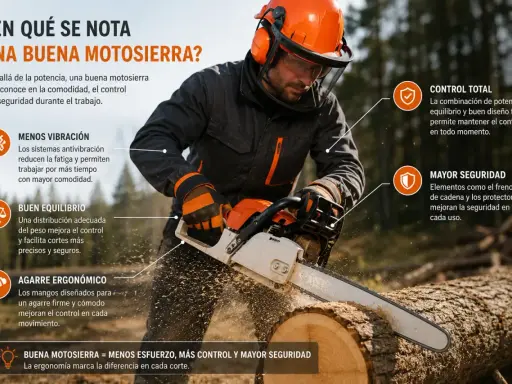 Hombre con equipo de seguridad usando una motosierra, destacando características de los diferentes tipos de motosierras: menos vibración, buen equilibrio, agarre ergonómico, control total y mayor seguridad.