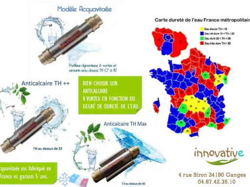 Carte de la dureté de l'eau en France, montrant les zones d'eau calcaire. Des dispositifs anticalcaires Acquavitaée sont présentés.