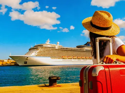 Donna con valigia rossa e cappello di paglia guarda una grande nave da crociera. Forse si paga per scendere dalla crociera.