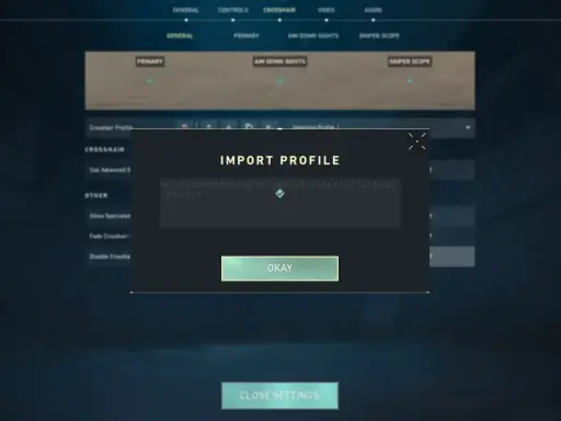 Jak skopiować celownik w Valorant? Okno "Import Profile" z kodem celownika i przyciskiem "OKAY".